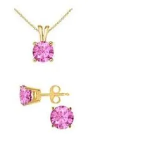 18K Yellow Gold 2ct Pink Sapphire Round 18 Inch Necklace and Earrings Set Plated