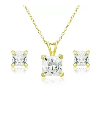 18K Yellow Gold 4ct White Sapphire Square 18 Inch Necklace and Earrings Set Plated