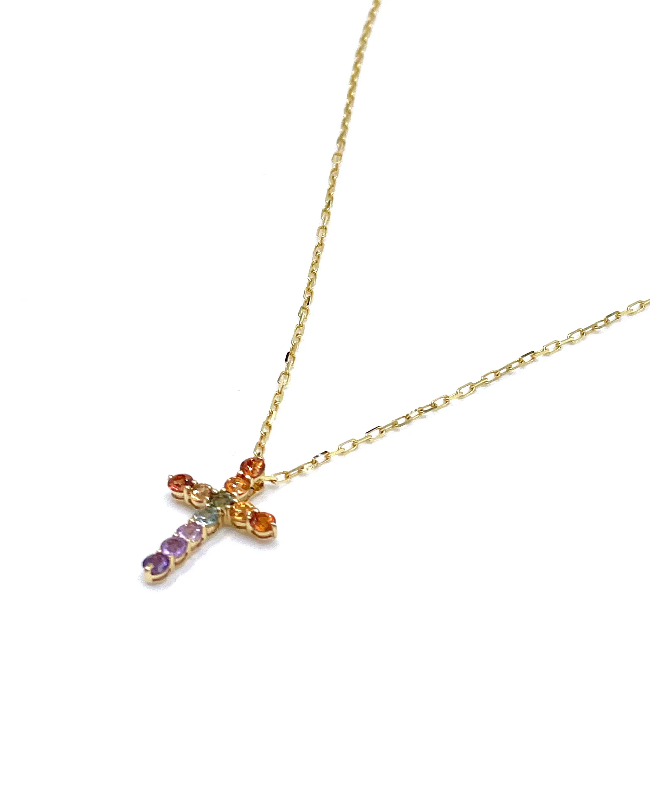 18K Yellow Gold Cross Necklace with Rainbow Colored Sapphires