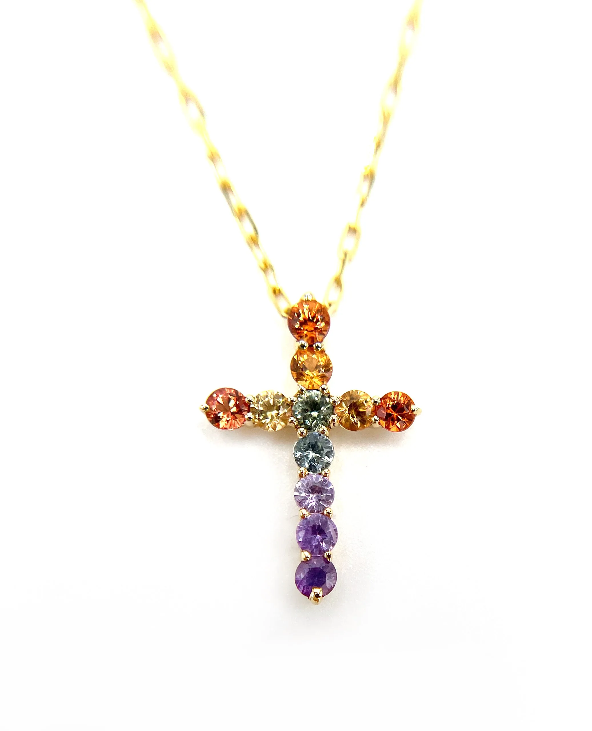 18K Yellow Gold Cross Necklace with Rainbow Colored Sapphires