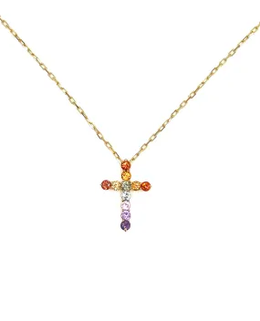 18K Yellow Gold Cross Necklace with Rainbow Colored Sapphires