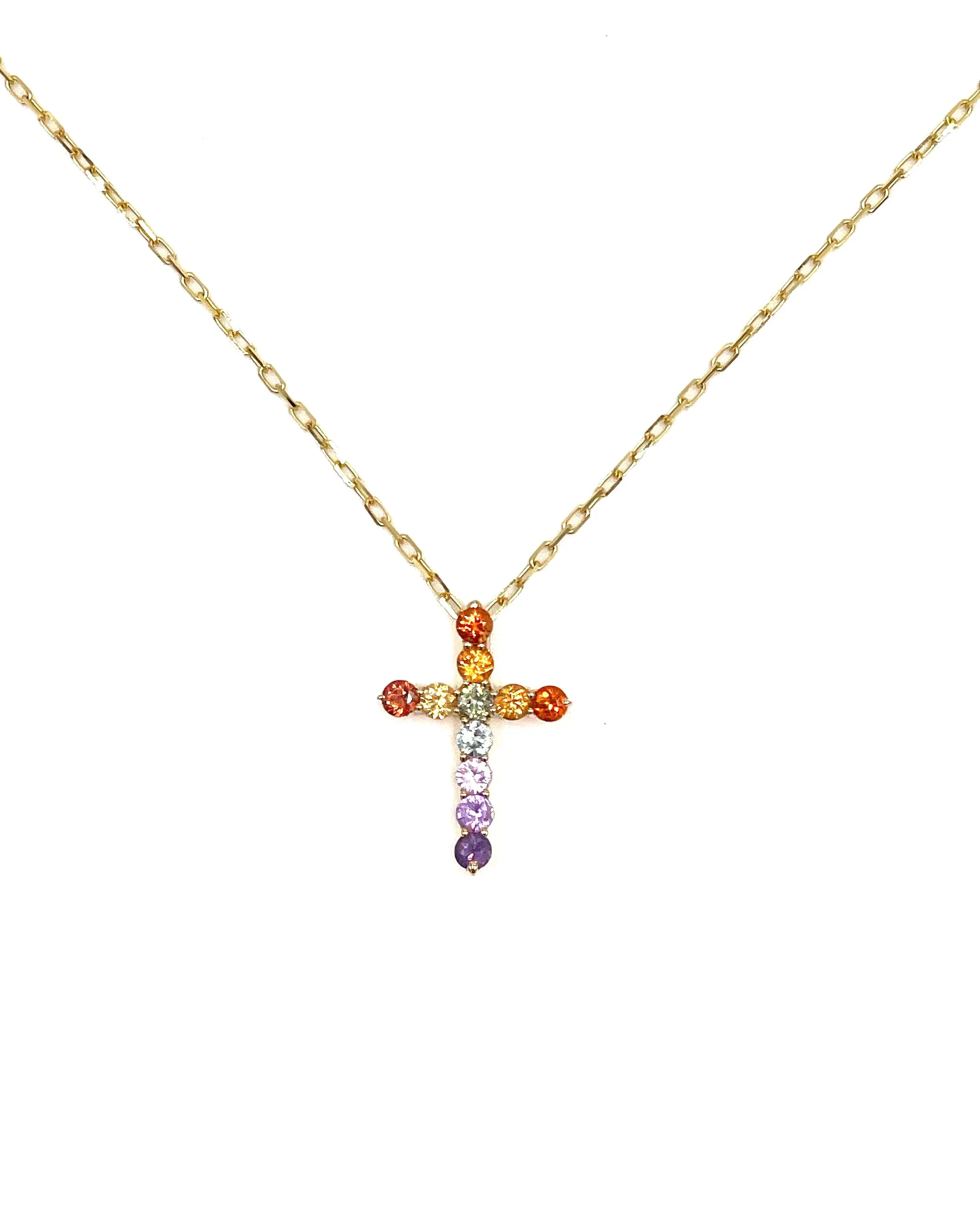 18K Yellow Gold Cross Necklace with Rainbow Colored Sapphires