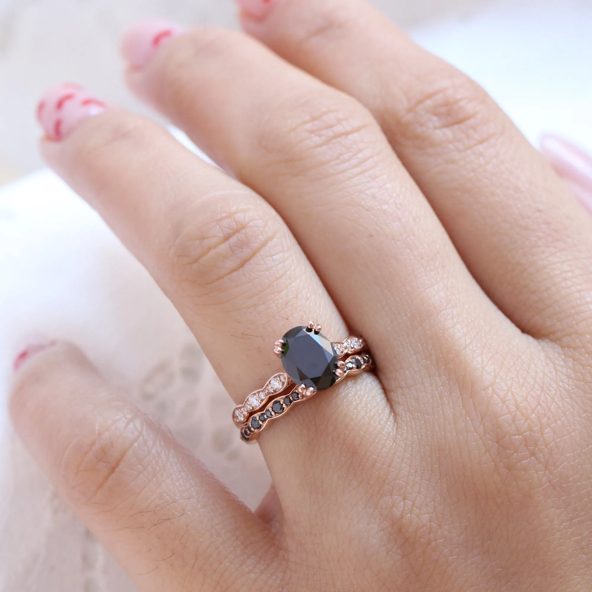 2 Ct. Oval Black Diamond Ring in Grace Solitaire Scalloped Band