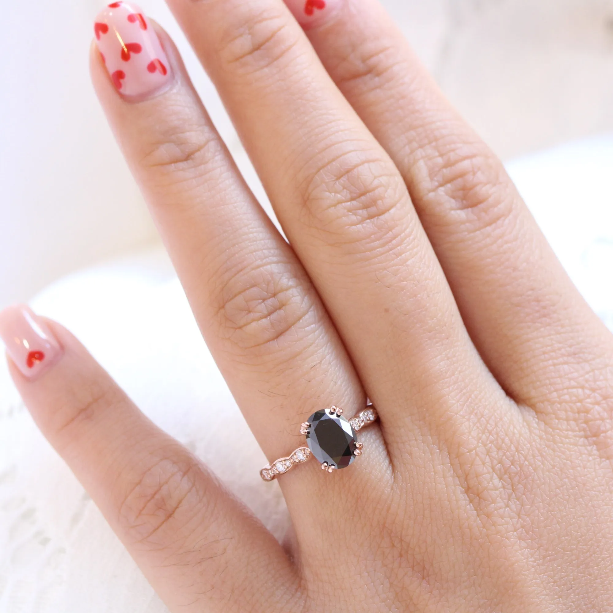 2 Ct. Oval Black Diamond Ring in Grace Solitaire Scalloped Band