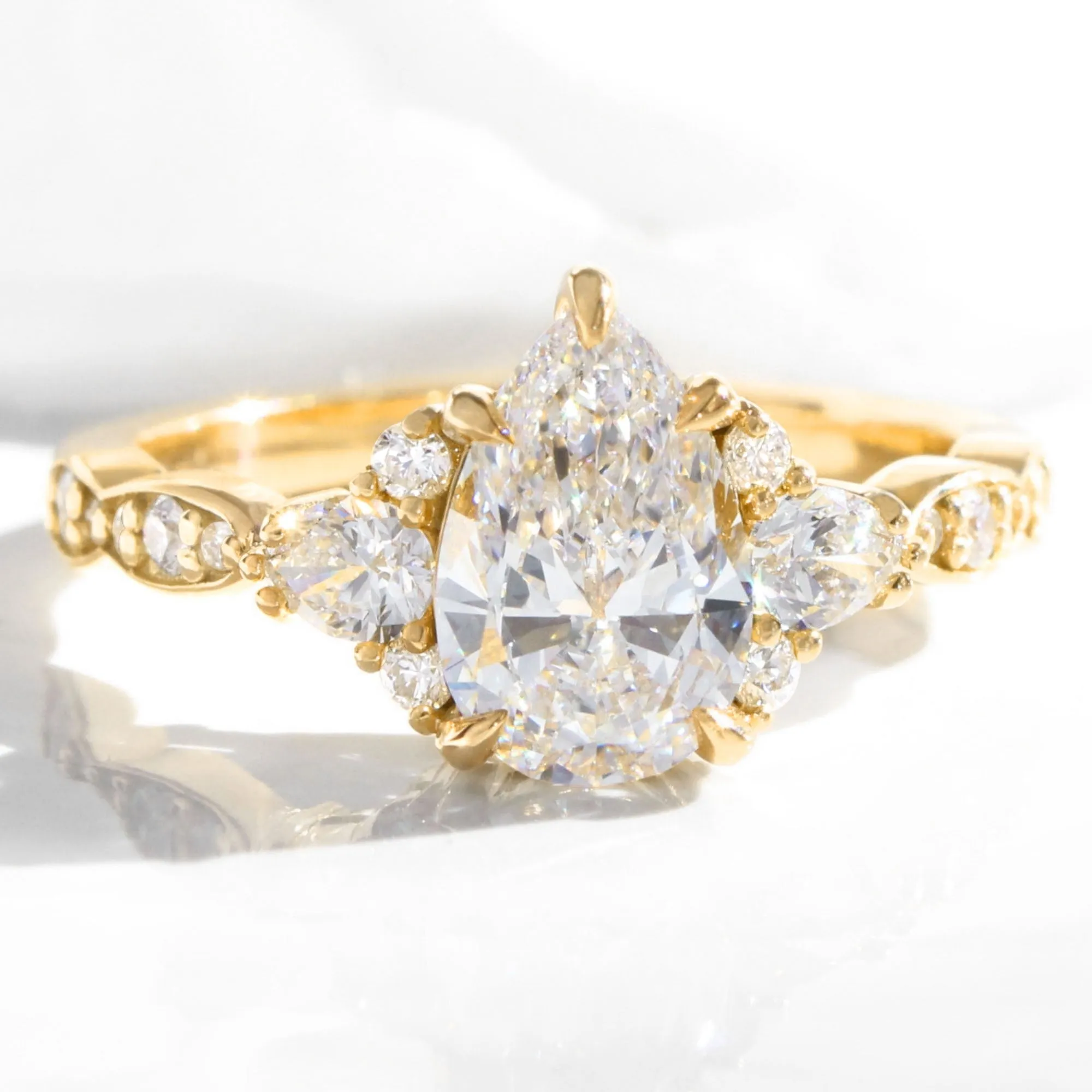 2.0 Ct. Pear Lab Diamond Ring w/ Natural Diamonds in Dahlia 3 Stone Ring