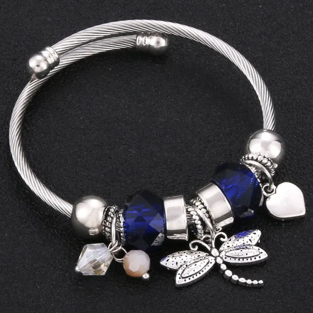 2020 New High Quality 6 Colors Lobster Buckle Snake Chain Bangles Beaded Bracelet Fit Jewelry Butterfly Flower Crown shape