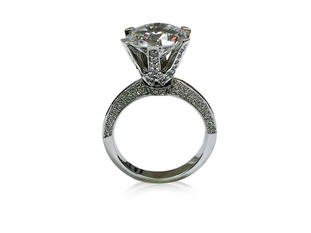 4.5 Round Cubic Zirconia High Setting 6 Prongs Knife Shank Micro Pave Engagement Ring 14K White Gold