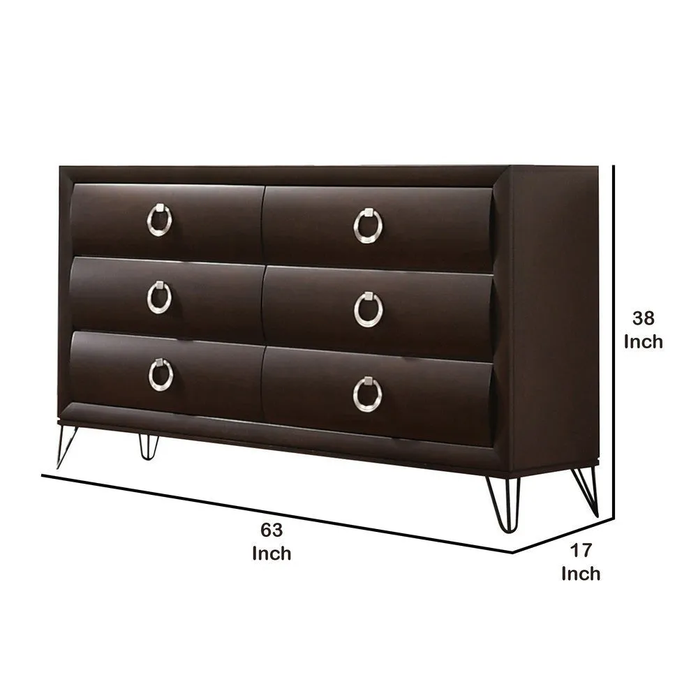 6 Drawer Wooden Dresser with Metal Ring Handles and Harpin Legs, Brown By Casagear Home