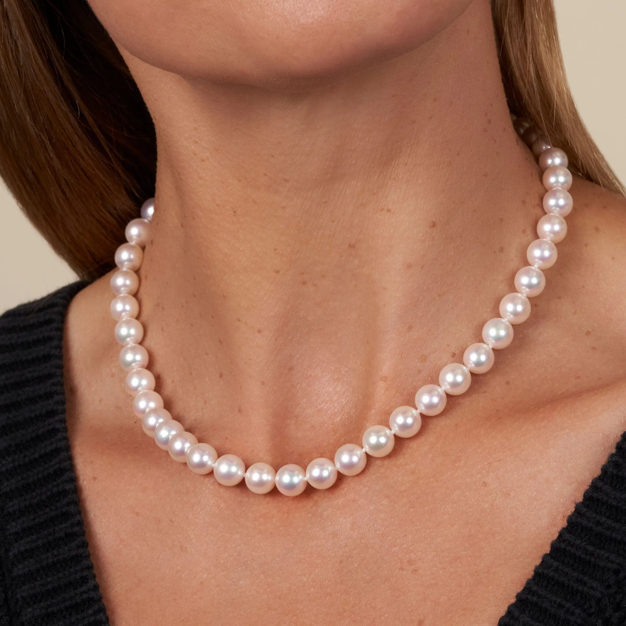 8.0-8.5 mm 16 Inch AAA Blush White Silver Rose Tone Akoya Pearl Necklace