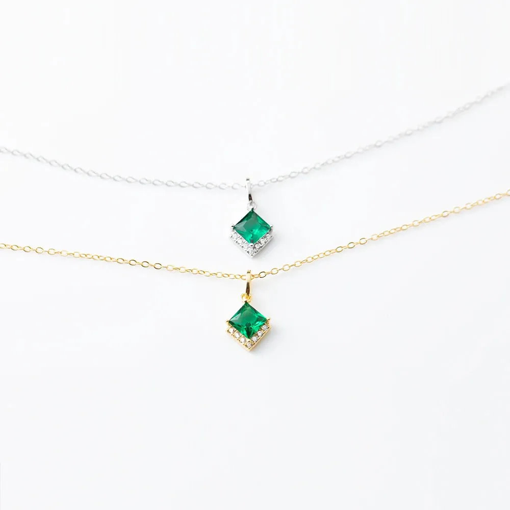 925 Sterling Silver 18k Gold Plated Earring and Necklace Charm Jewelry Set - Emerald Square - Xm252