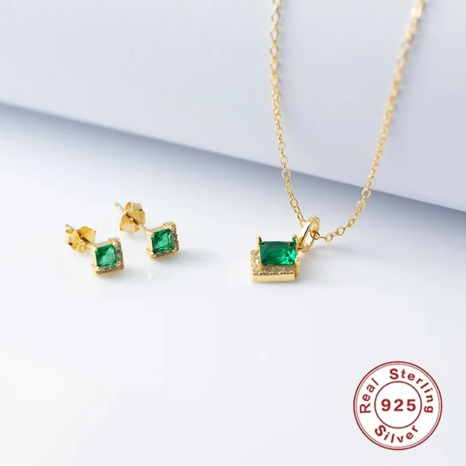 925 Sterling Silver 18k Gold Plated Earring and Necklace Charm Jewelry Set - Emerald Square - Xm252