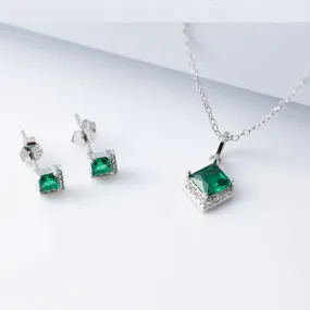 925 Sterling Silver 18k Gold Plated Earring and Necklace Charm Jewelry Set - Emerald Square - Xm252