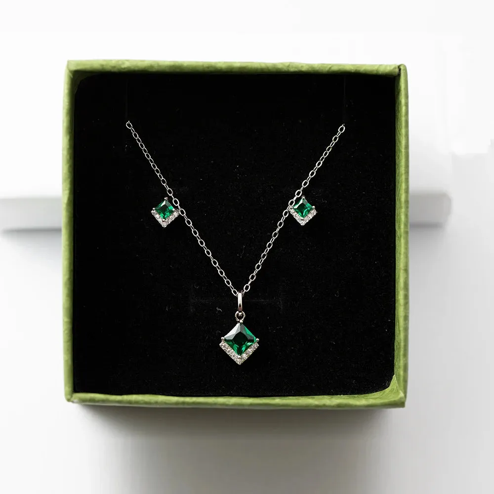 925 Sterling Silver 18k Gold Plated Earring and Necklace Charm Jewelry Set - Emerald Square - Xm252