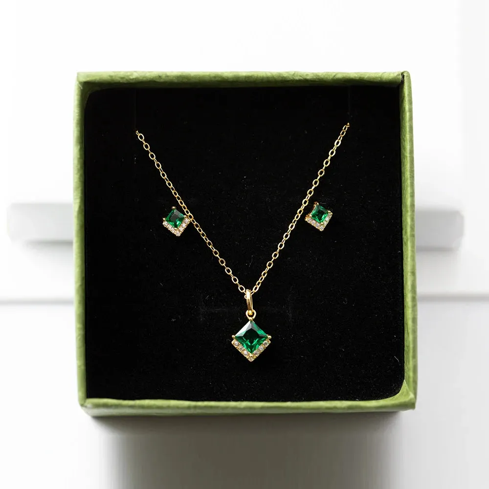 925 Sterling Silver 18k Gold Plated Earring and Necklace Charm Jewelry Set - Emerald Square - Xm252