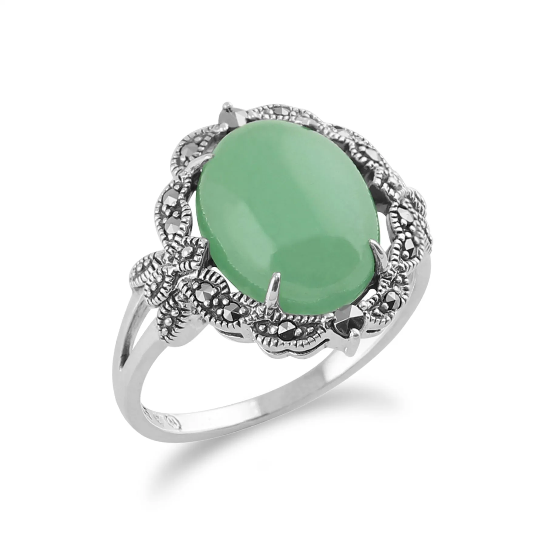 925 Sterlingsilber Jugendstil Vintage Inspiriert Grüne Jade & Markasit Statement Ring