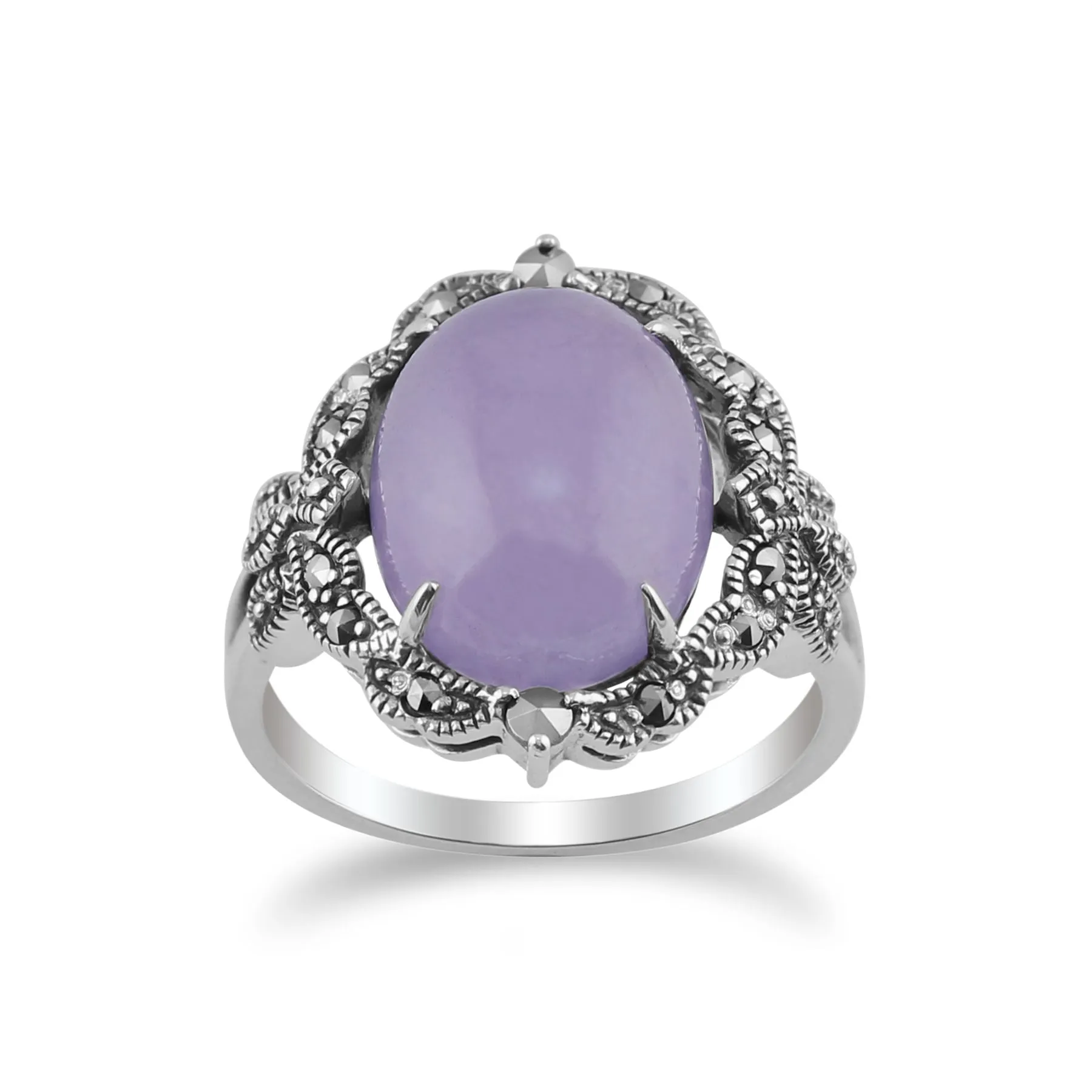 925 STERLINGSILBER JUGENDSTIL VINTAGE inspiriert Lavendel Jade & Markasit Statement Ring