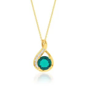 9ct Yellow Gold Created Emerald and Zirconia Pendant With 45cm Chain