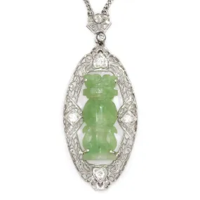 Antique Totem Jade Pendant Necklace with Diamonds 14K White Gold