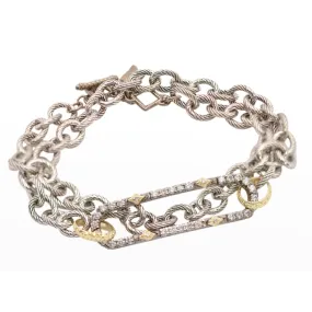 Armenta 18K Yellow Gold and Grey Sterling Silver Double Wrap Chain Bracelet with a Paperclip with Pave White and Champagne Diamonds