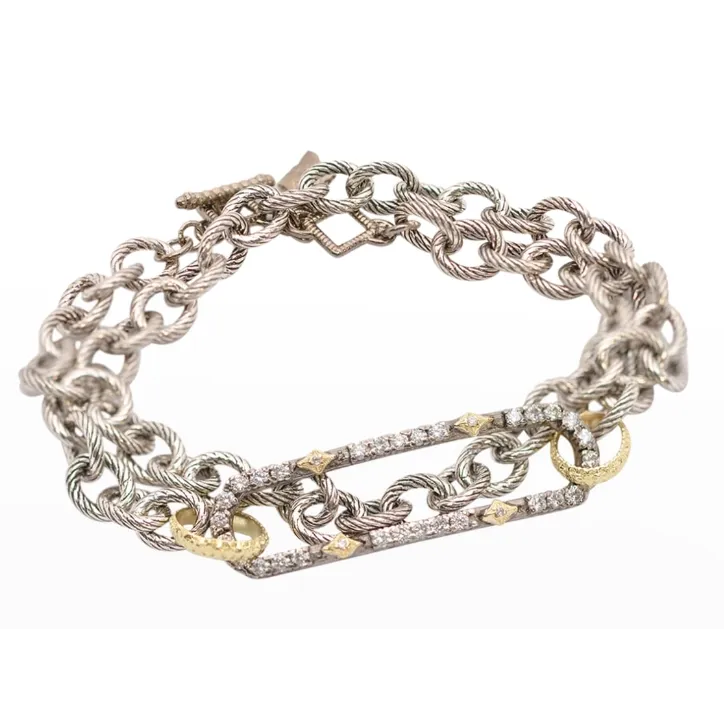 Armenta 18K Yellow Gold and Grey Sterling Silver Double Wrap Chain Bracelet with a Paperclip with Pave White and Champagne Diamonds