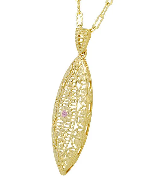 Art Deco Filigree Leaf Pink Sapphire Pendant Necklace in Yellow Gold Vermeil