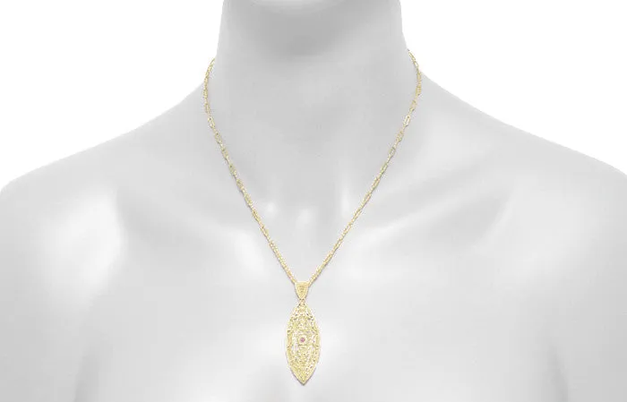 Art Deco Filigree Leaf Pink Sapphire Pendant Necklace in Yellow Gold Vermeil