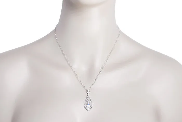 Art Deco Filigree Sapphire Pendant Necklace in 14 Karat White Gold