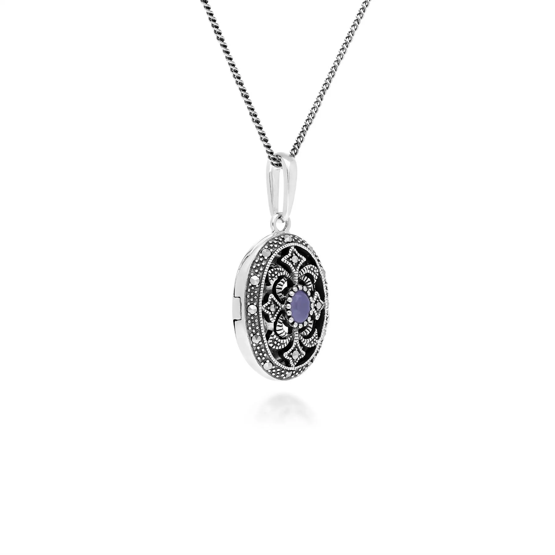 Art Nouveau Stil Ovale Gefärbte Lila Jade & Markasite Halskette in 925 Sterlingsterlingsilber