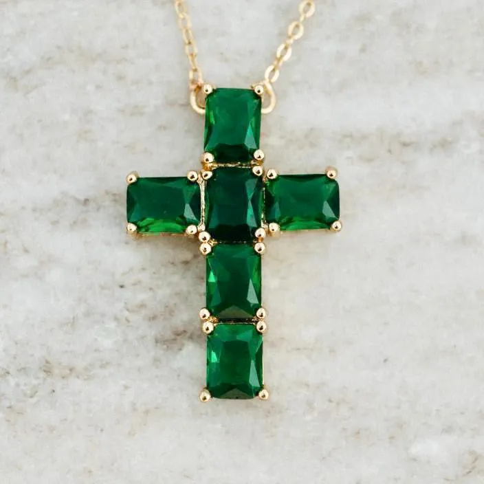 “AS SEEN ON LAINEY WILSON”!! Emerald Stone 18k Gold Plated Cross Pendant Necklace