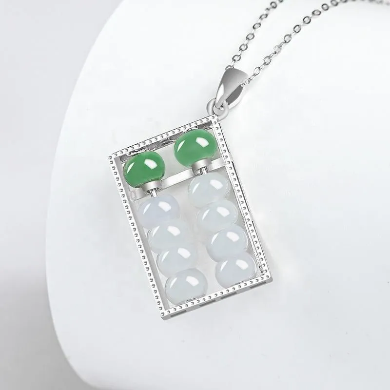 Authentic Jade Abacus Necklace Natural Jadeite An abacus Pendant S925 silver inlay Cubic Zirconia Chinese Round Type A Jadeite Pendant