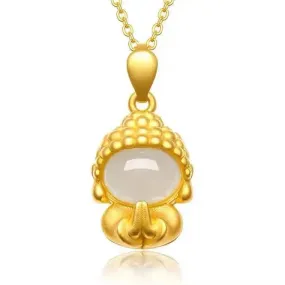 Baby Buddha White Jade Pendant with Golden Necklace