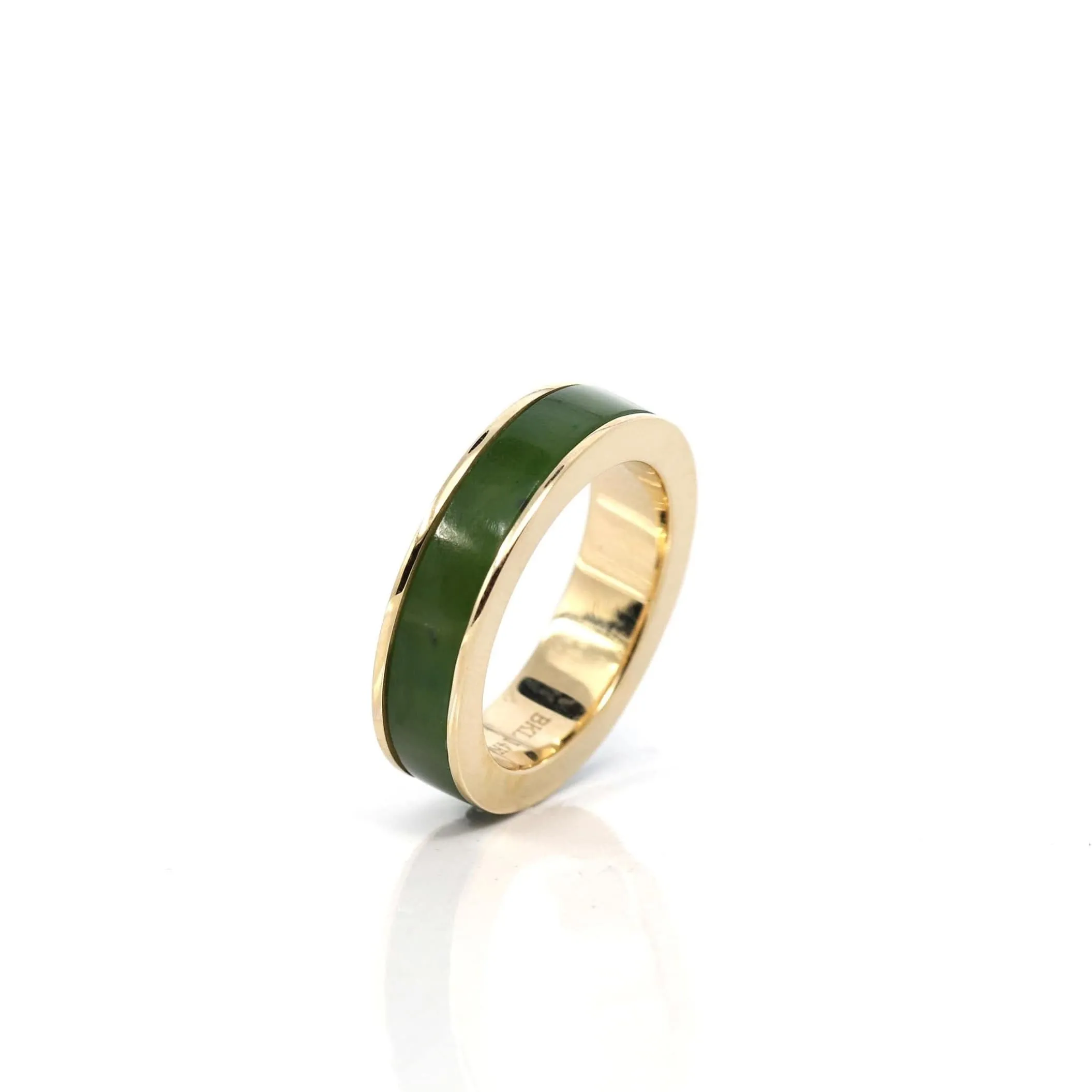 Baikalla 14k Yellow Gold Forest Green Natural Nephrite Jade Inlay Men's Wedding Ring