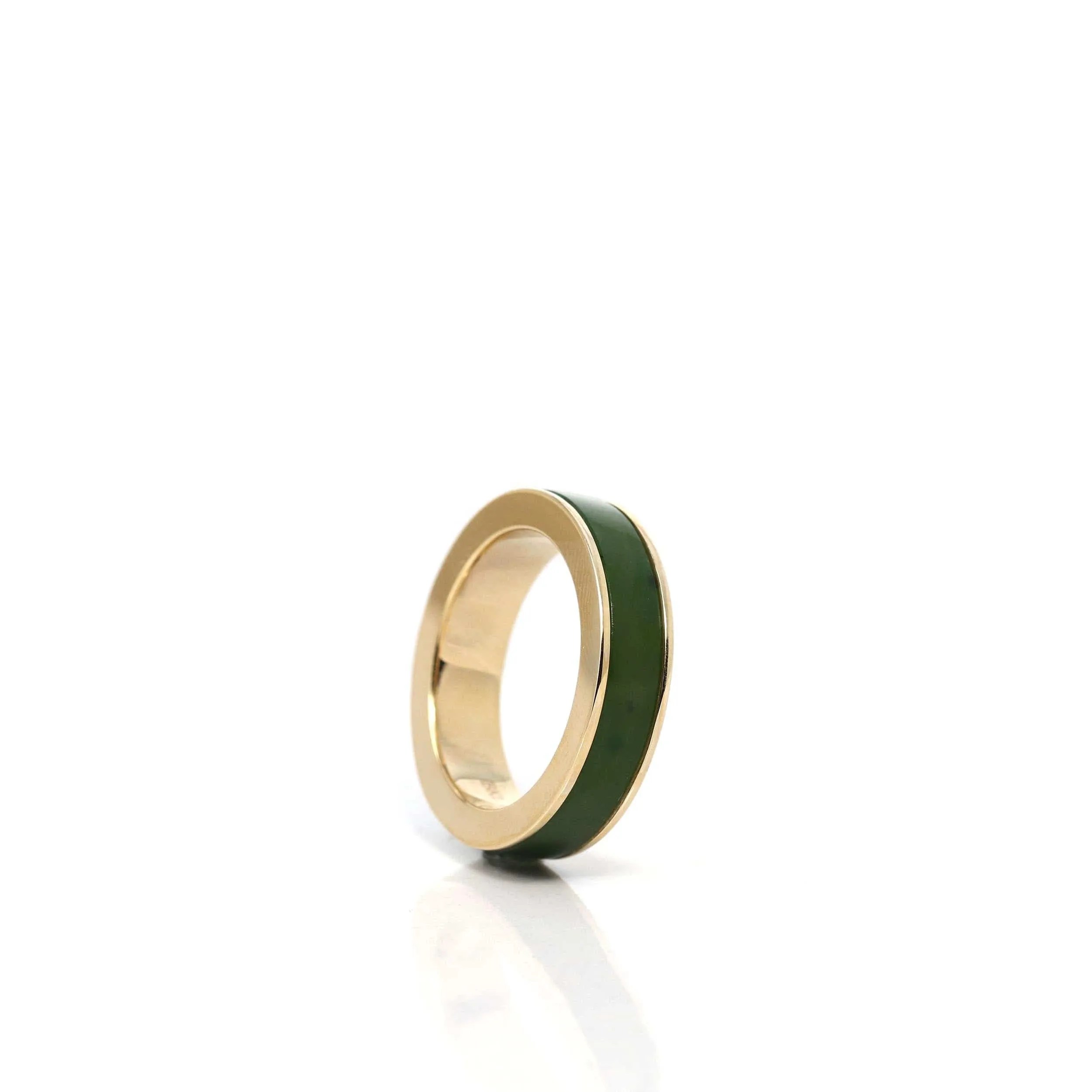 Baikalla 14k Yellow Gold Forest Green Natural Nephrite Jade Inlay Men's Wedding Ring