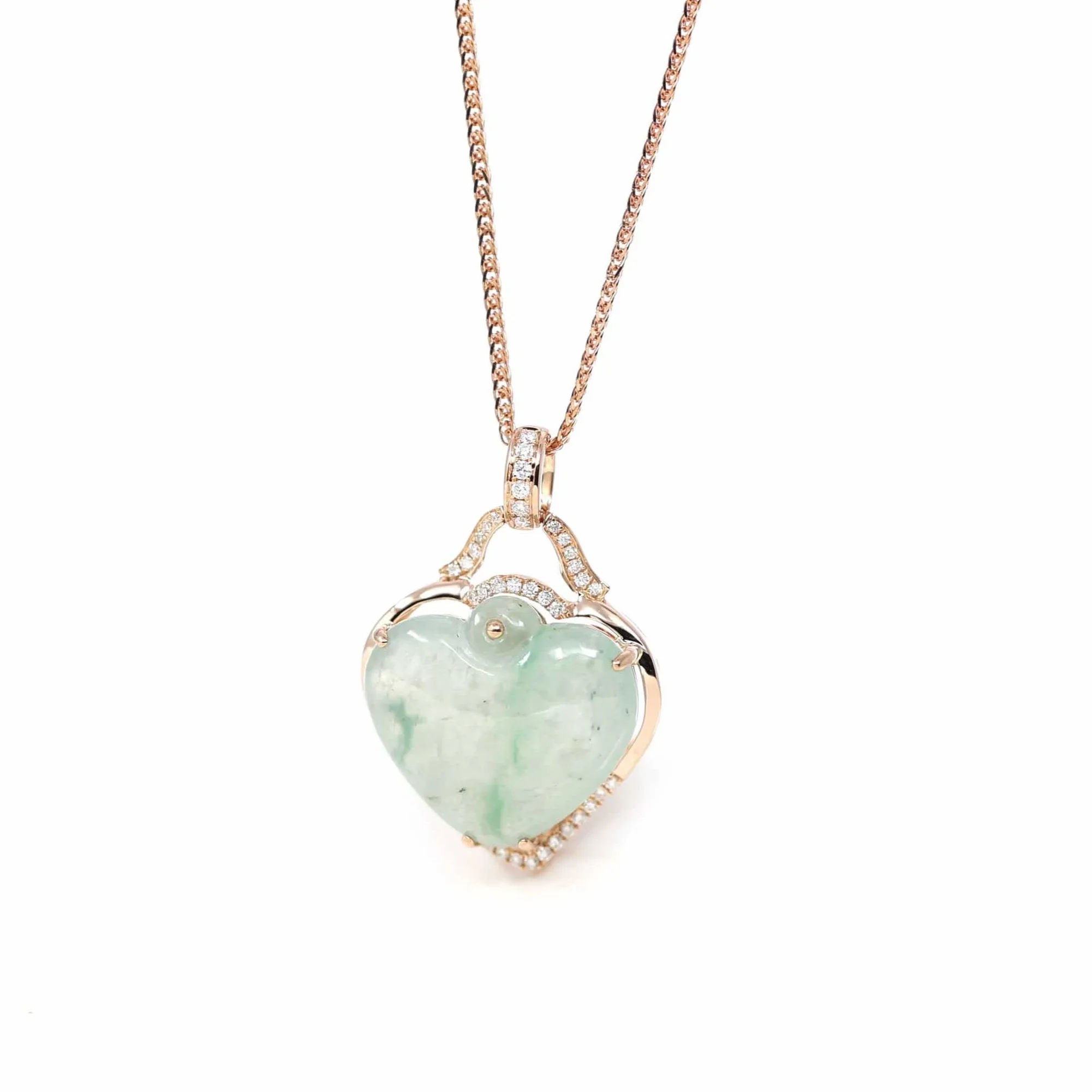 Baikalla 18K Rose Gold Genuine Burmese Ice Jadeite Heart Pendant with Diamonds High Jewelry