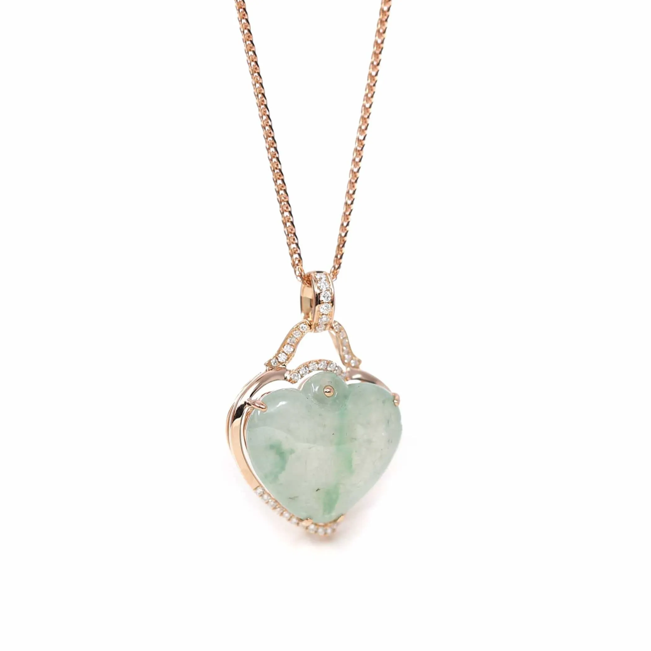 Baikalla 18K Rose Gold Genuine Burmese Ice Jadeite Heart Pendant with Diamonds High Jewelry