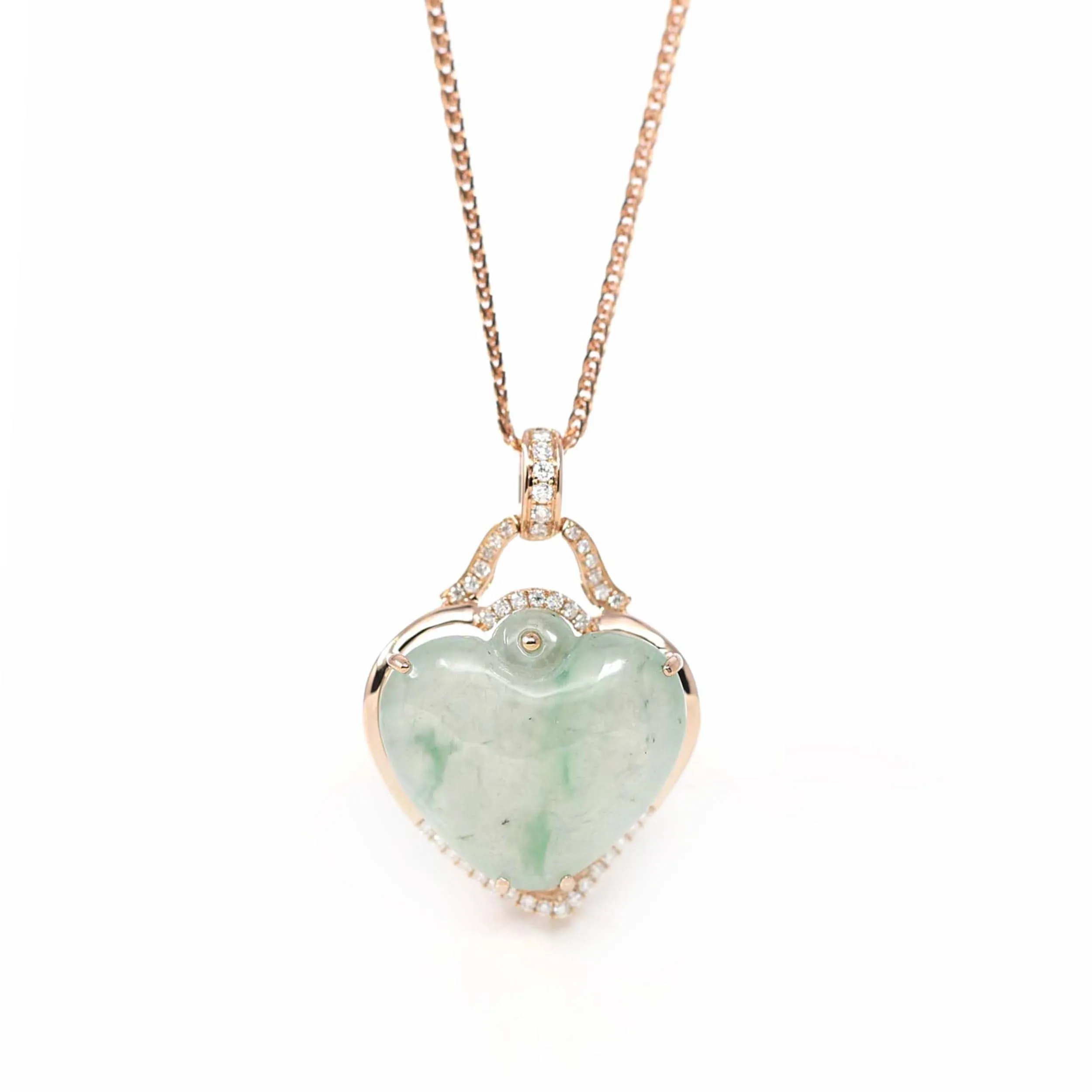 Baikalla 18K Rose Gold Genuine Burmese Ice Jadeite Heart Pendant with Diamonds High Jewelry