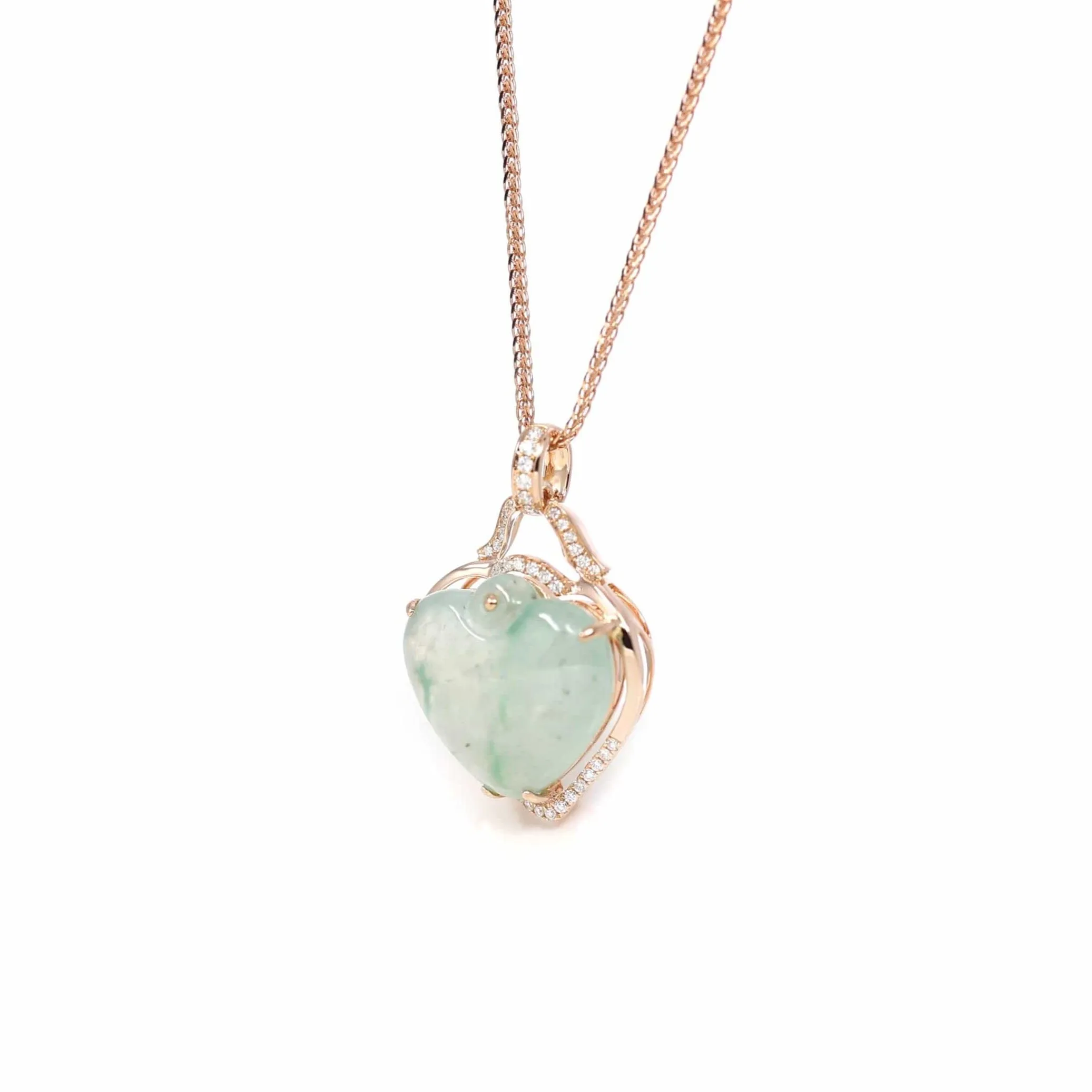 Baikalla 18K Rose Gold Genuine Burmese Ice Jadeite Heart Pendant with Diamonds High Jewelry