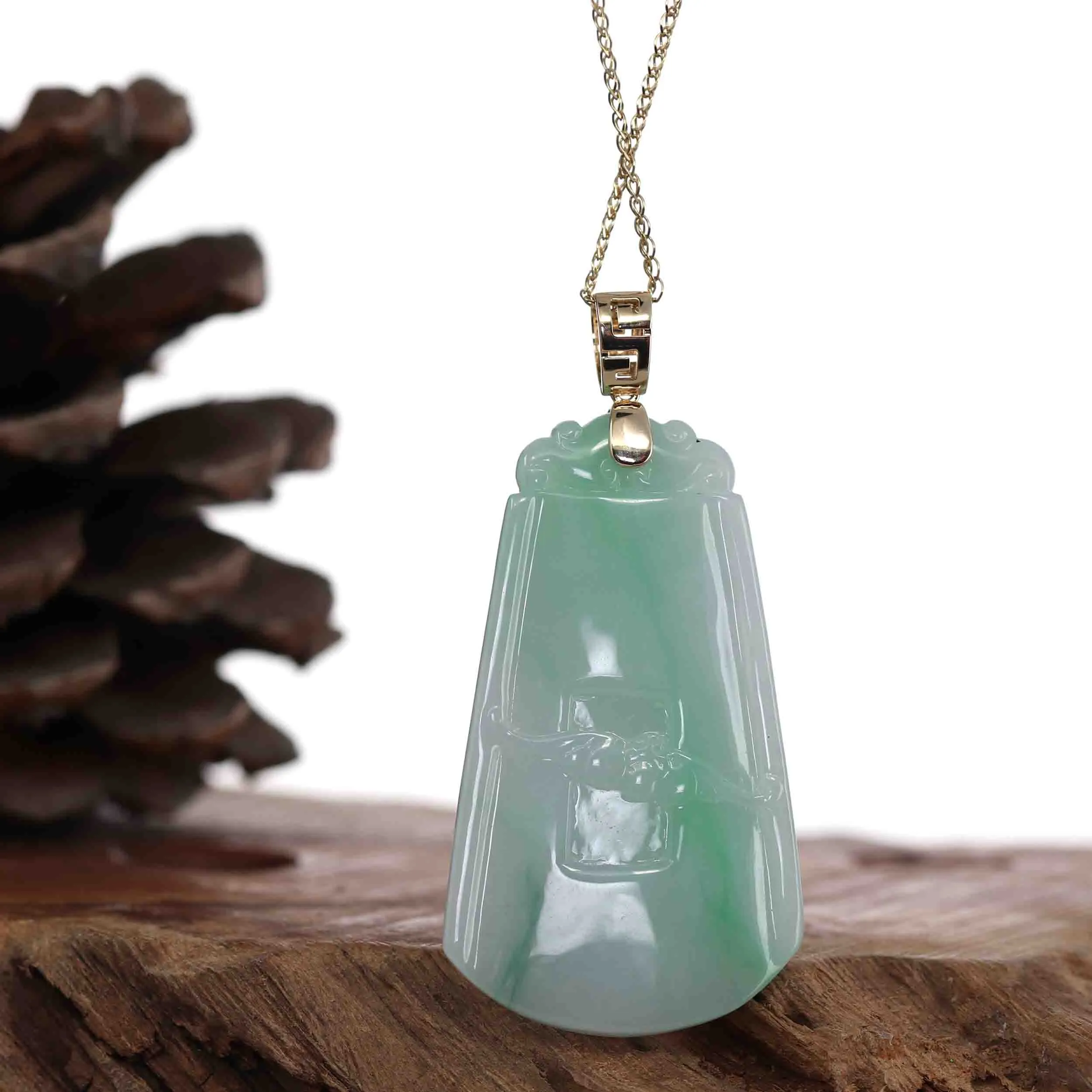 Baikalla Genuine Green Jadeite Jade " Ping An Wu Shi Pai "  Pendant With Gold Bail