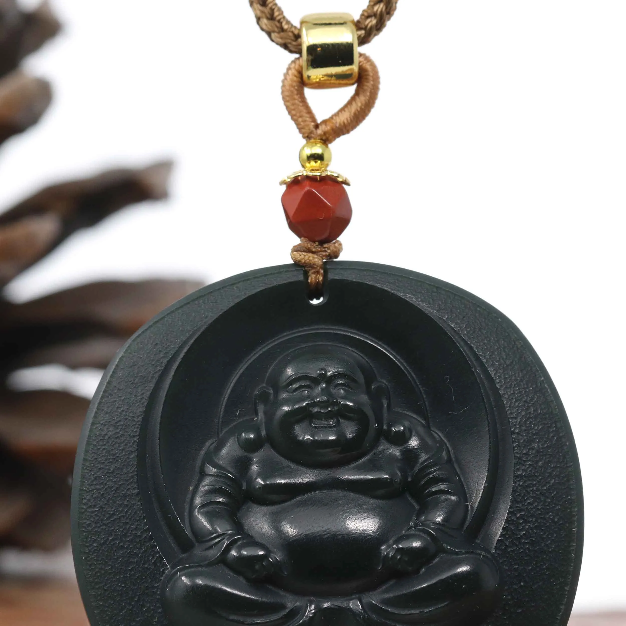 Baikalla™ "Happy Buddha" Genuine Black Jade Pendant Necklace With Adjustable String