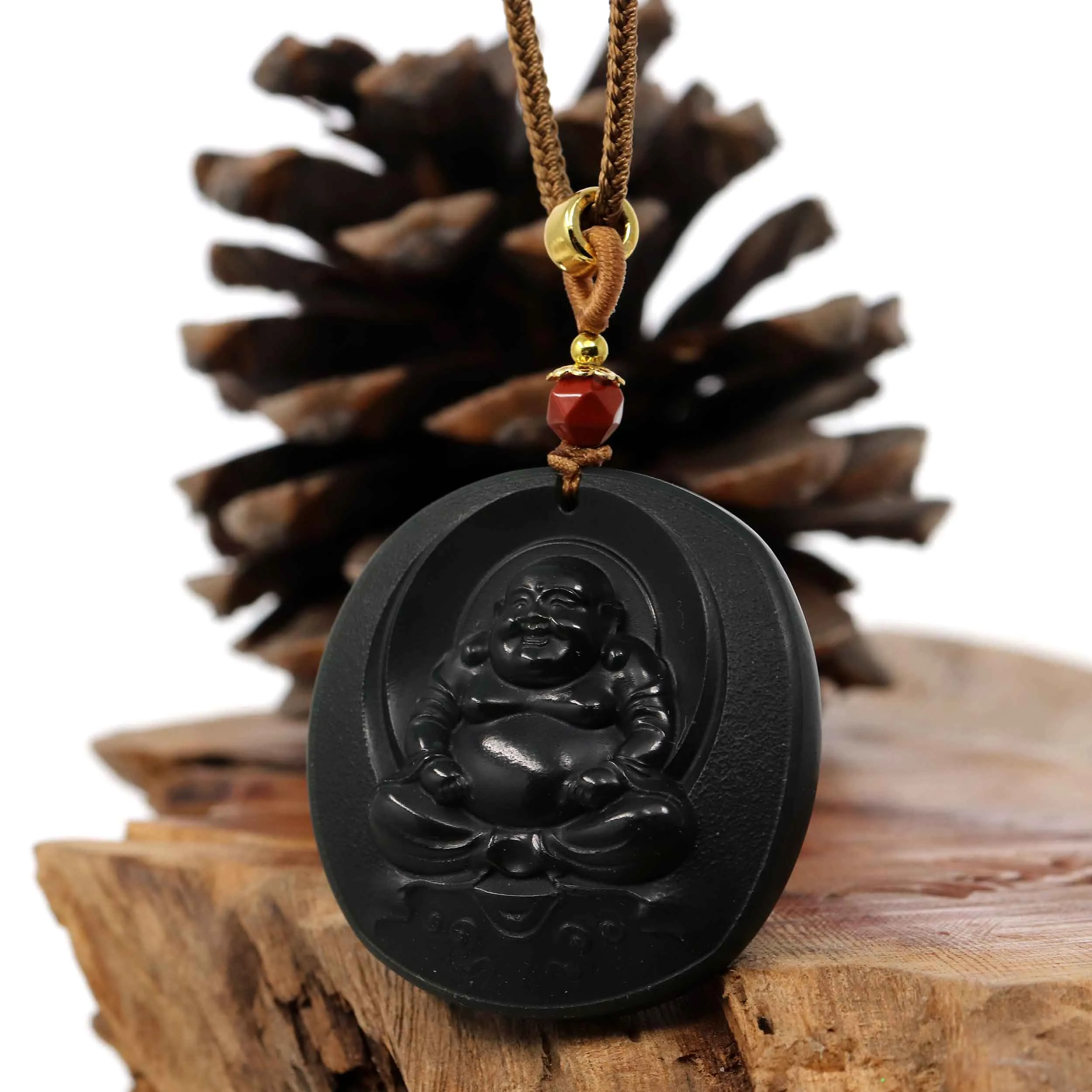 Baikalla™ "Happy Buddha" Genuine Black Jade Pendant Necklace With Adjustable String