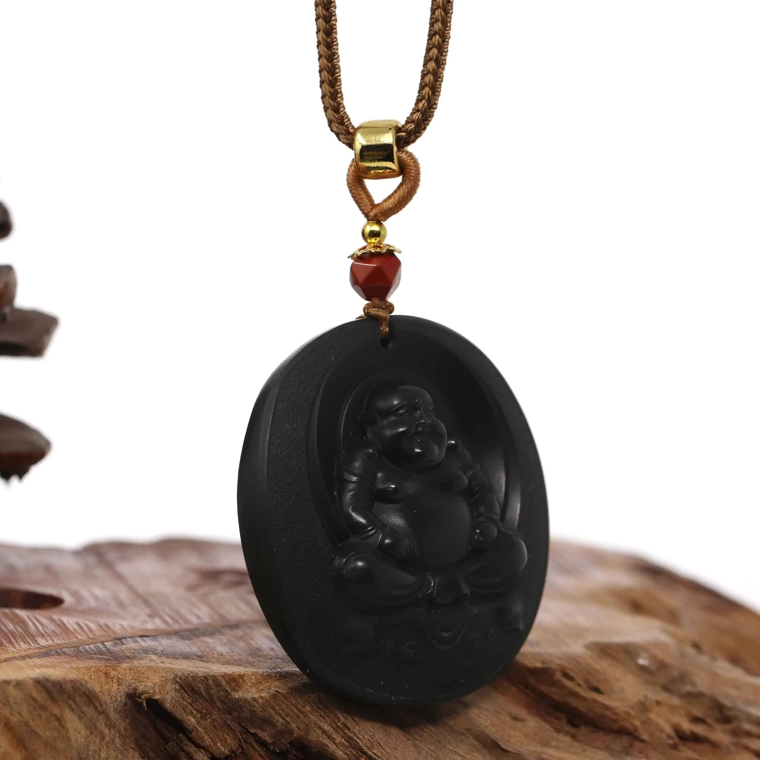 Baikalla™ "Happy Buddha" Genuine Black Jade Pendant Necklace With Adjustable String