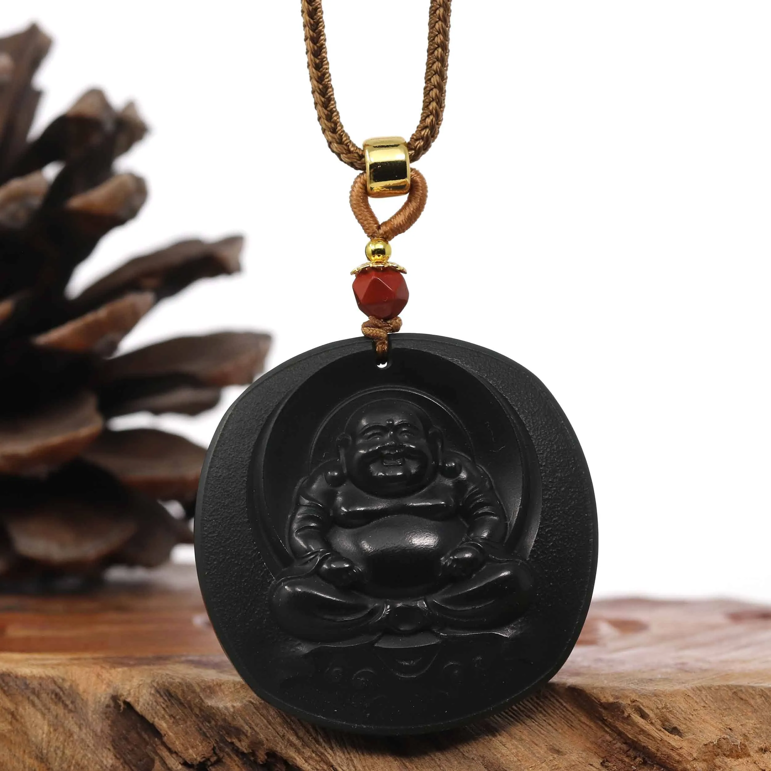 Baikalla™ "Happy Buddha" Genuine Black Jade Pendant Necklace With Adjustable String