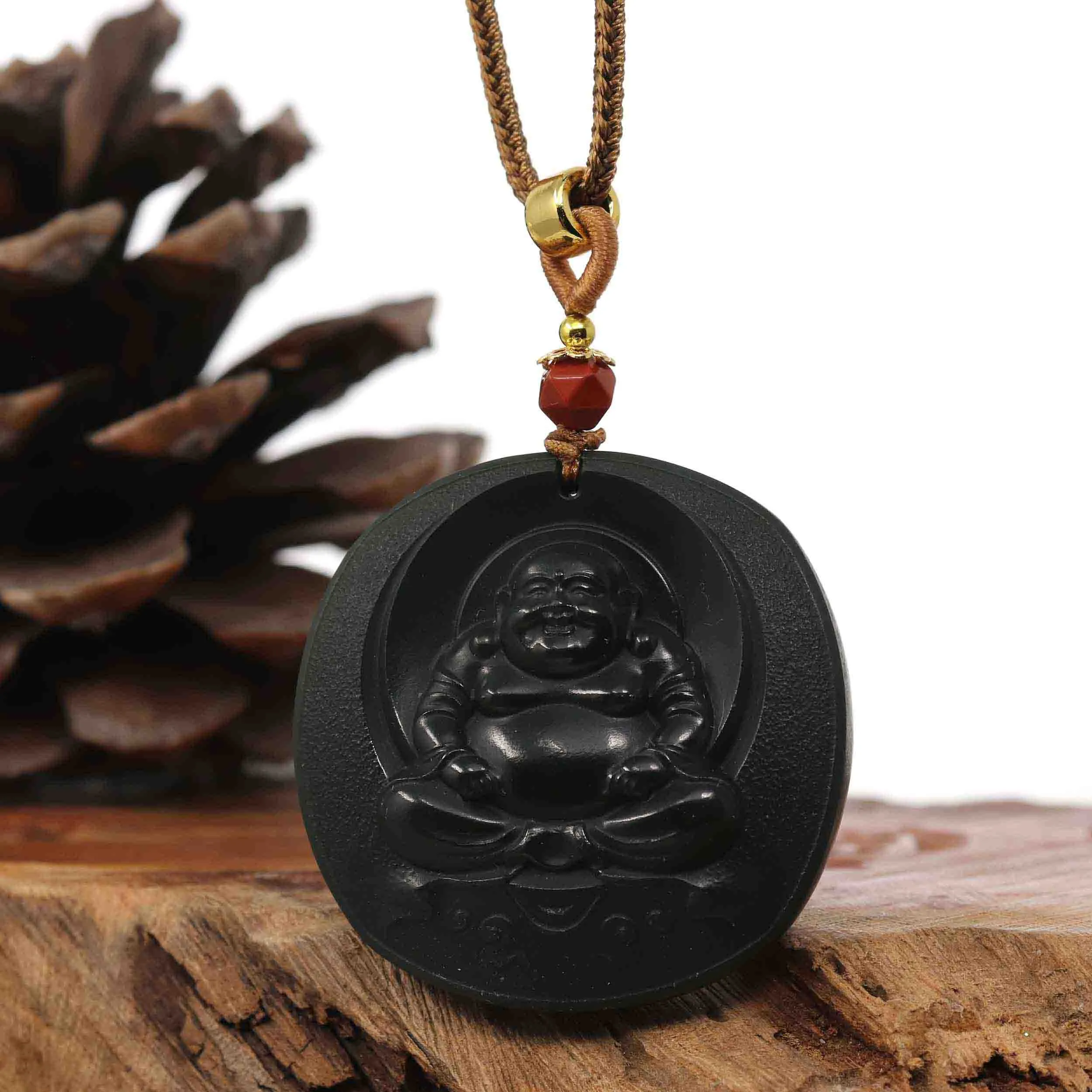 Baikalla™ "Happy Buddha" Genuine Black Jade Pendant Necklace With Adjustable String