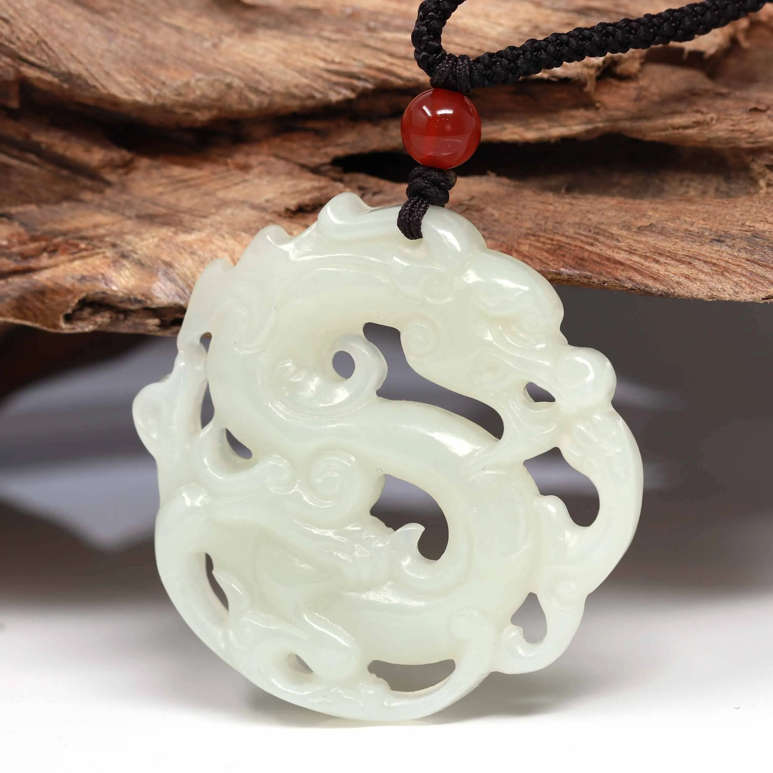 Baikalla "Jade Dragon In Cloud" Genuine White Nephrite Jade Dragon Pendant Necklace