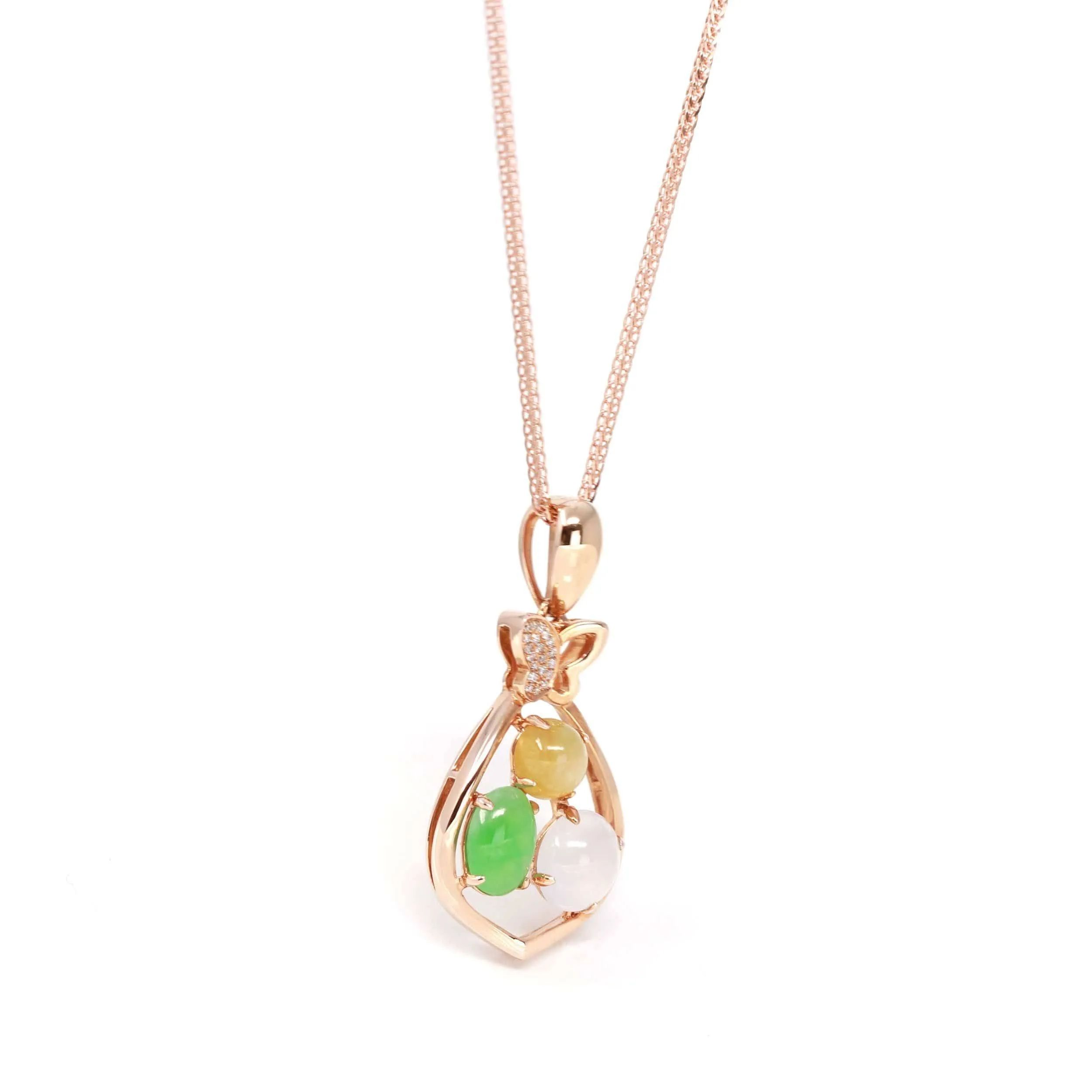 Baikalla™ "Money Sack" 18k Rose Gold Multi-Colored Jadeite Jade Diamond Pendant Necklace