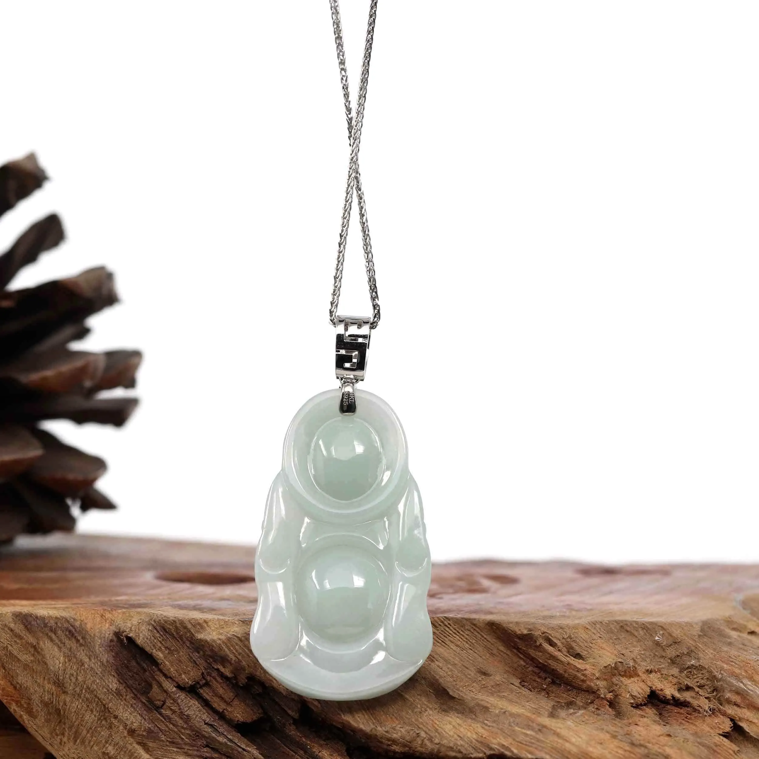 Baikalla™ "Standing Buddha" Genuine Green Jadeite Buddha Pendant Necklace With Silver Bail