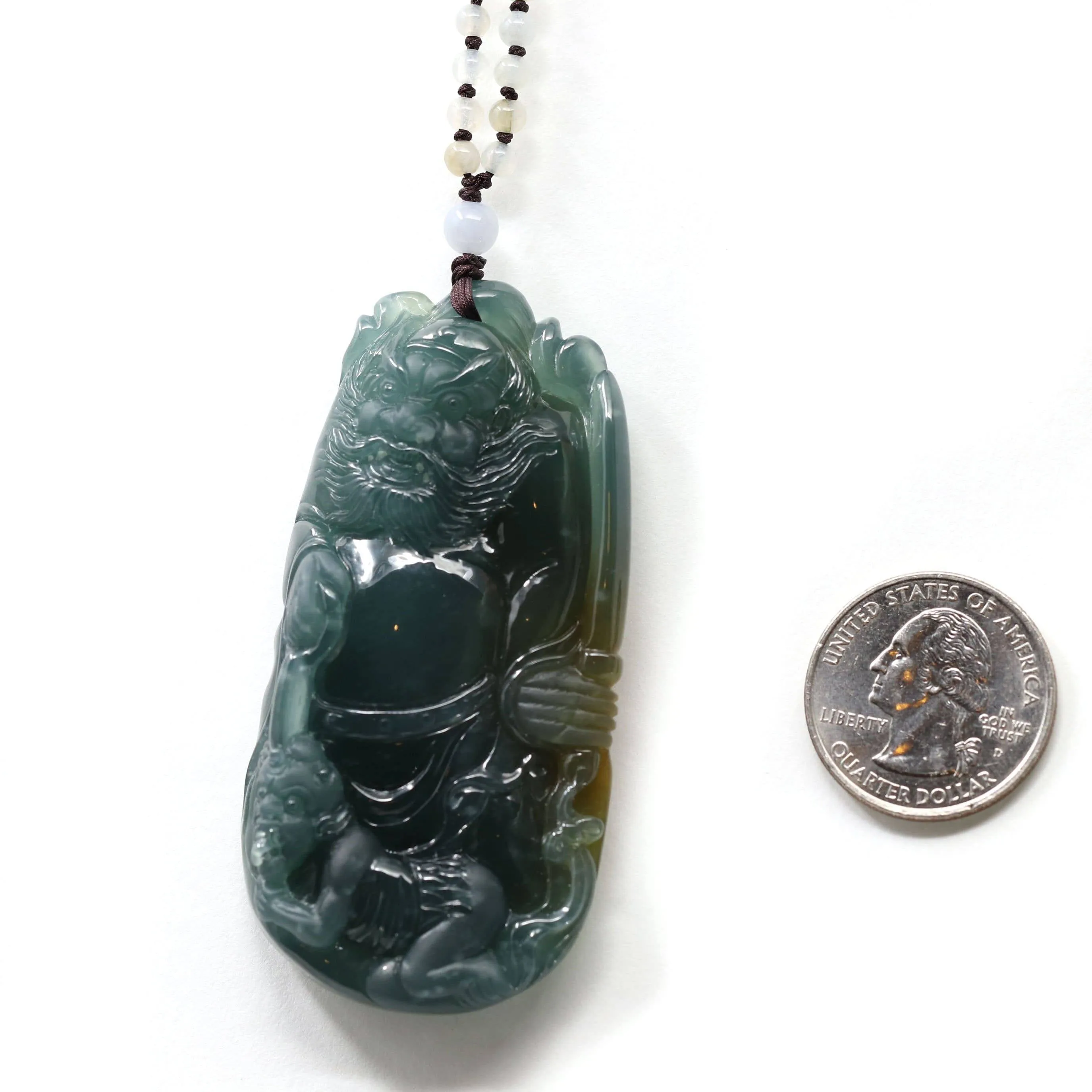 Baikalla™ The Demon Hunter" (Zhong Kui)Natural Jadeite Dark Green to Deep Blue Jade Necklace, Collector's piece