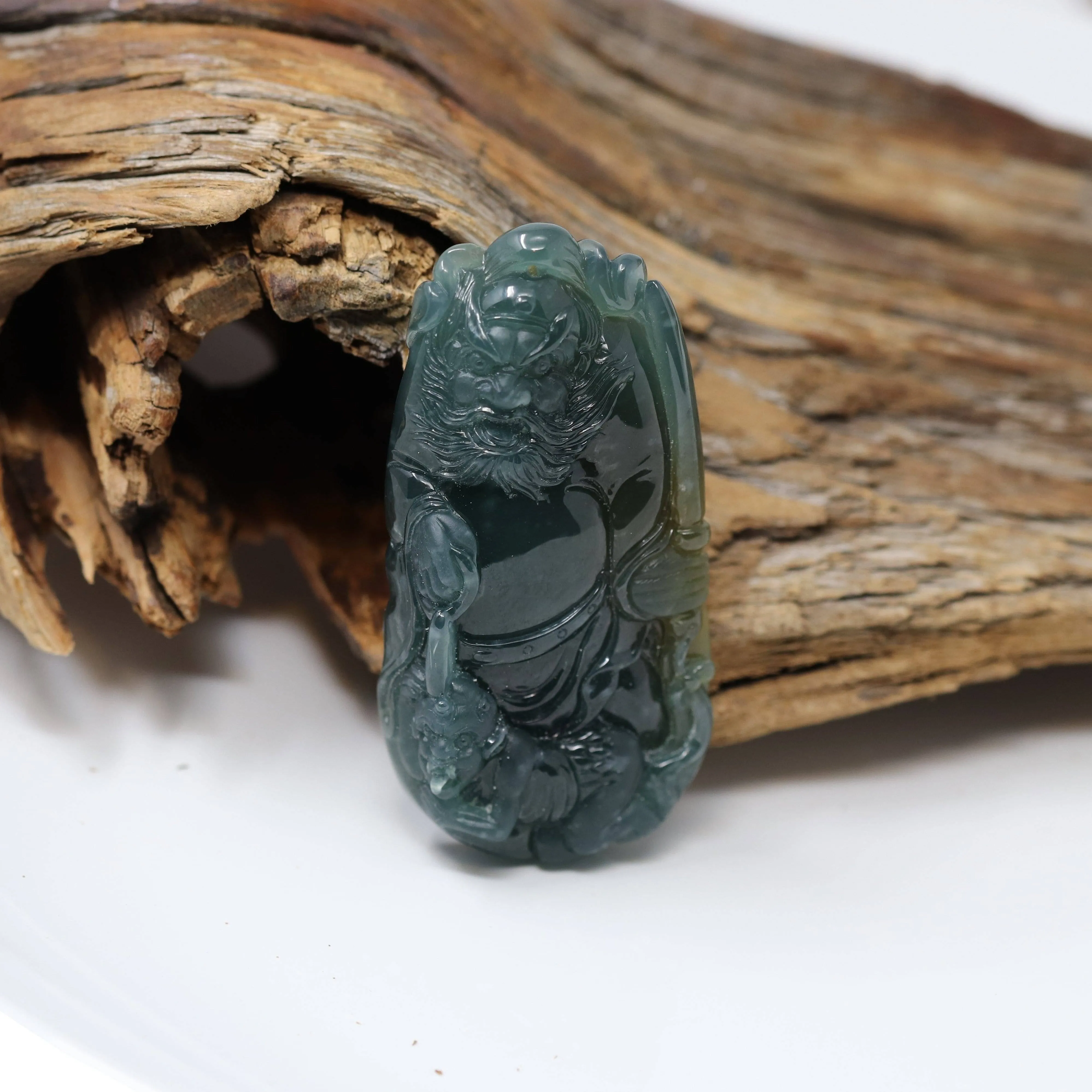 Baikalla™ The Demon Hunter" (Zhong Kui)Natural Jadeite Dark Green to Deep Blue Jade Necklace, Collector's piece