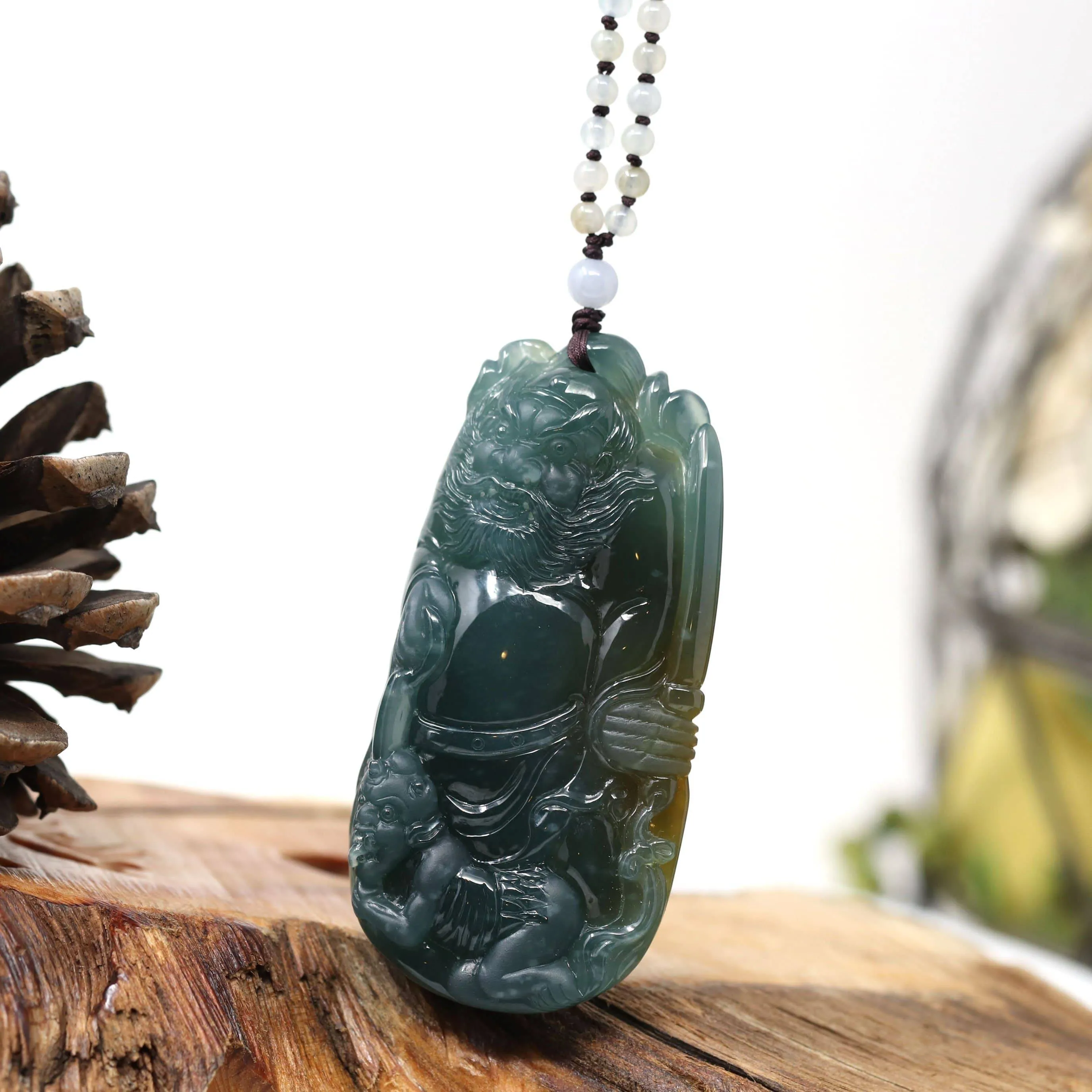 Baikalla™ The Demon Hunter" (Zhong Kui)Natural Jadeite Dark Green to Deep Blue Jade Necklace, Collector's piece