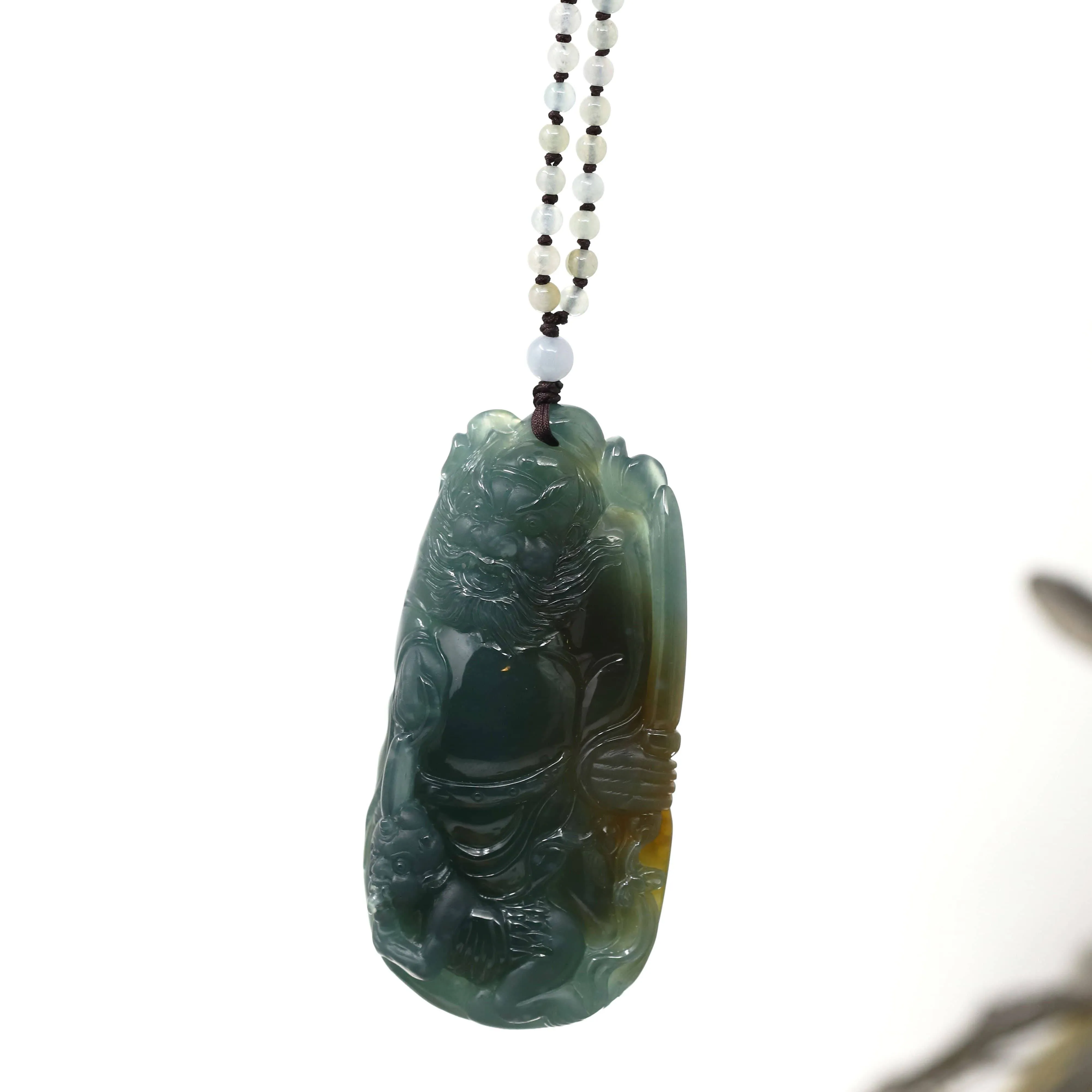 Baikalla™ The Demon Hunter" (Zhong Kui)Natural Jadeite Dark Green to Deep Blue Jade Necklace, Collector's piece